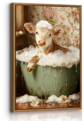 Kuh in der Badewanne Leinwand Bilder Mit Rahmen, Lustige Tiere Bild Auf Leinwand Humorvolles Baden der Kuh Wandbilder Poster Zuhause Wanddeko für Badezimmer Büro Wohnzimmer Schlafzimmer 30x40cm