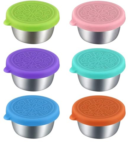 Ragyzity 6PCS Salad Dressing Containers, 1.7oz/50 ml Stainless Steel Spice Container Sauce Pots with Leakproof Silicone Lid, Reusable Salad Dressing Container To Go, Dipping Container