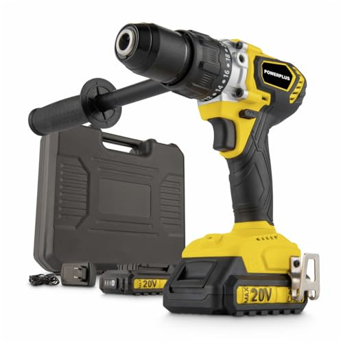 Powerplus Schraub-, Schlagbohrmaschine POWX00530 - Bürstenlos 20V 120Nm - inkl. 2 Batterien 20V 2.0Ah und Ladegerät