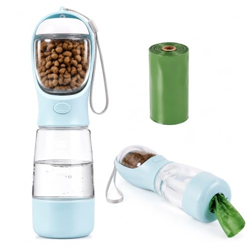 4‑in‑1 Portable Dog Water Bottle, Leak Proof Dog Walking Water Bottle with Large Capacity (400 ml), Food Container (150g), Pet Water Bottle for Dog Travel Water Bottle, Walking Hiking Puppy Cat