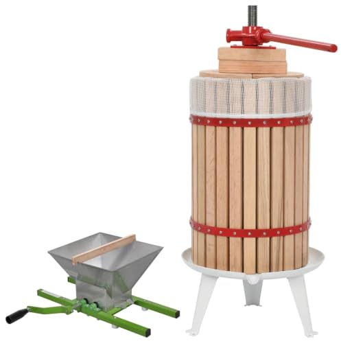 Ziaphsol Frukt- och vinpress-set med kvarn av ekträ och stål, 24 l kapacitet, 7 l tratt, för druvor, äpplen, bär, must, masch och vinproduktion i källaren