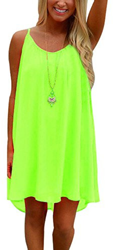 Minetom Femmes Été Casual Charmant Plage Mousseline sans Manches Robes Cocktail Tunique Lâche Asymétrique Mini Dress (FR 50, Vert Fluo)