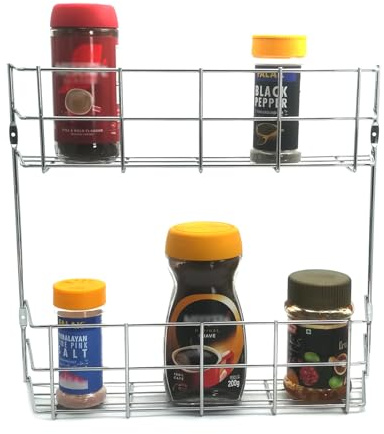 Buckingham 2 Tier Spice Herb Chrome Rack Wall or Cupboard Door Mount Premium Heavy-Gauge Storage for Herbs Jars and Packets 40.5 cm
