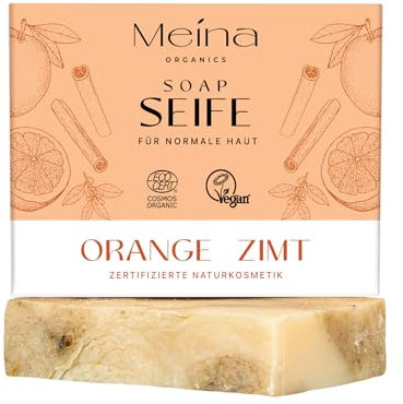 Meina Naturkosmetik - Naturseife, Bio Seife mit Orange und Zimt ohne Palmöl, Zertifiziert, Vegan, Nachhaltig, Handgemacht, Wie ein festes Duschgel - 100g
