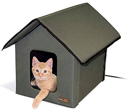 K&H Heated Cat House, Outdoor Kitty Shelter, Safety Listed, 20W, Olive