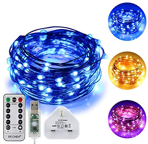 ErChen USB Dual-Color Led String Lights, 33FT 100 Leds Color Changing Dimmable 8 Modes Copper Wire Fairy Lights with Remote Timer for Indoor Outdoor Christmas (Warm White, Blue)