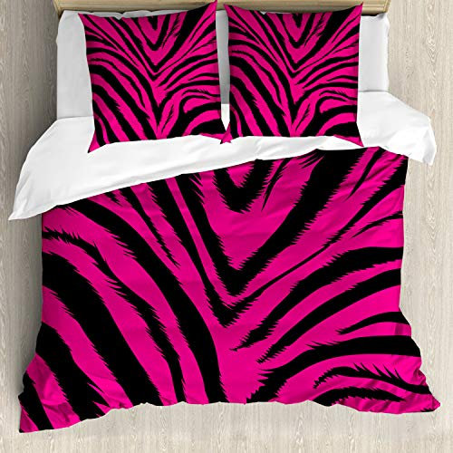 ABAKUHAUS Teen Zimmer Bettwäsche Set für Doppelbetten, Hot Pink Zebra-Haut, Weicher Microfaserstoff Allegigeignet kein Verblassen, Magenta und Schwarz