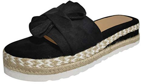 OverDose Sandales Mules Chunky avec Nœud en Daim Femmes Sandales à Plateforme Plate Style Espadrilles Été Casual Tongs Chaussures de Plage