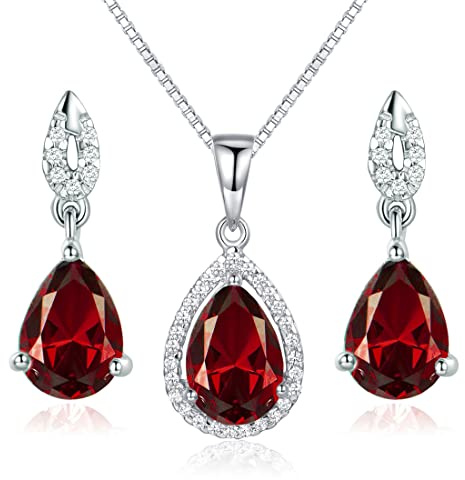 JIANGXIN Waterdrop Red Garnet Birthstone 925 Sterling Silver White Gold Plated Fine Jewelry Set for Women Pendant Necklace Stud Earring