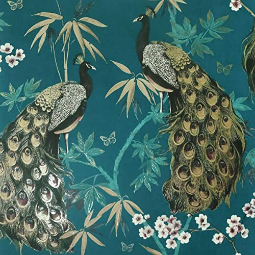 Opulent Peacock Wallpaper Teal Gold Blue Glitter Floral Textured