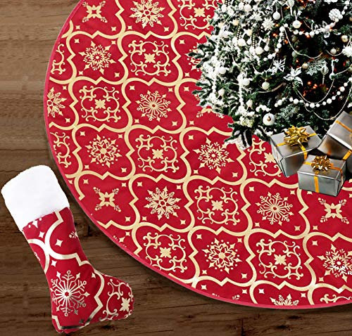 91cm Weihnachtsbaum Decke,Tannenbaum Decke mit weihnachtsstrumpf,Weihnachtsbaum Rock mit Schneeflockenmuster Christbaumdecke für Weihnachten, Urlaub, Party (Rot)