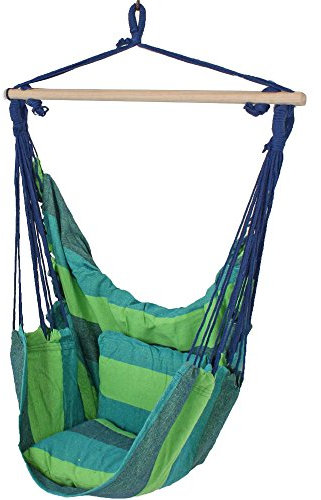 Hängesessel Outdoor ohne Gestell Hängeschaukel Baumwolle Hartholz, in grün blau mit 2 Kissen, x H 90x120 cm