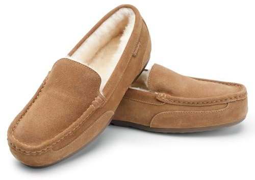 Parfeying Men's Indoor Outdoor Sheepskin Moccasins Slippers Memory Foam Driving Style Shoes,M21105 Chestnut 10US
