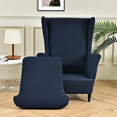 Highdi 2 Teilig Ohrensessel Überzug, Sessel-Überwürfe Ohrensessel Schonbezüge Bezug Sesselhusse Elastisch Stretch Tiger Stuhlbezug mit Armlehne Hohe Rückenlehne Universal (Navy blau)