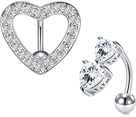 Briana Williams 2stk Bauchnabelpiercing Umgekehrt Herz CZ Diamant 14G Chirurgenstahl 10mm Piercing Bauchnabel Silber