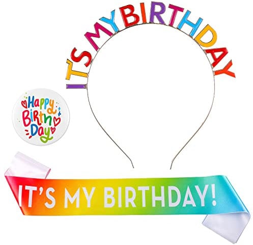 3 Stück Regenbogen GGeburtstag Schärpe für Mädchen It's My Birthday Zubehör Set Enthalt Geburtstagsschärpe Happy Birthday Abzeichen und Metall Regenbogen Geburtstag Haarreif für Mädchen Frauen