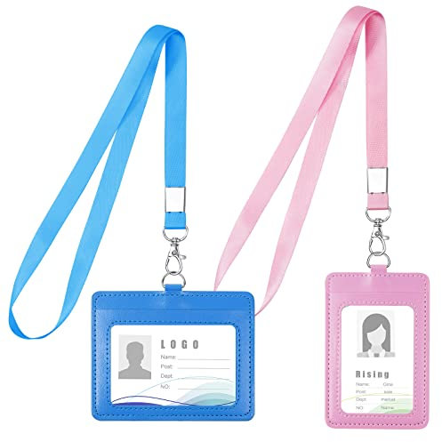Vicloon Ausweishüllen mit Schlüsselband, 2 Stücke Ausweishalter Leder mit Umhängeband, Vertikal und Horizontal Ausweishalter, Transparentes Fenster, für Ausweise Busfahrkarten(Hellblau+Rosa)