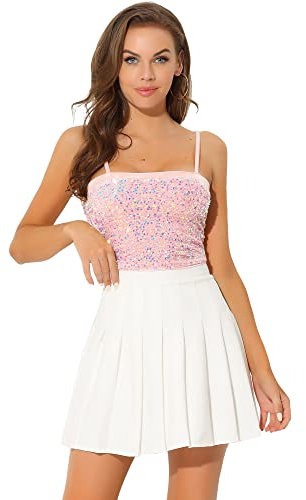 Allegra K Damen Pailletten Oberteil Ärmellos Tanktop Spaghettiträger Glitzer Cami Party Crop Top Rosa S