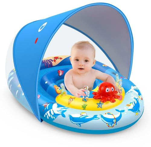 EZIGO Baby Pool Float with Canopy UPF50+ Sun Protection, Inflatable Kids Pool Floats with Ocean Animal Toys for Babies 6-36 Months, Infant Swimming Float with Adjustable Safety Seat for Boys Girls