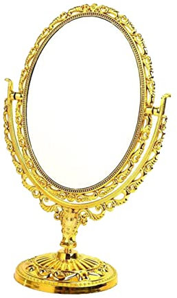 Veemoon Kosmetikspiegel Im Europäischen Stil Ovaler Doppelseitiger Desktop Schminkspiegel Goldfarbener Retro Spiegel Für Zuhause Badezimmer Und Schlafzimmer 360° Drehbar