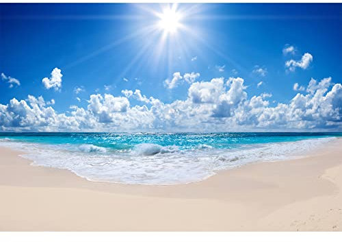BRICOFLOR | 3D Tapete mit Meer | Blaue Fototapete mit Strand und Sonne ideal für Wohnzimmer und Büro | Urlaub Vliestapete mit Meerblick | 267 x 400 cm