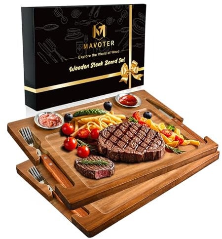 MAVOTER 2 PCS Acacia Wooden Steak Board - 15 Inches Steak Cutting Plate Board with Fork, Knife and Ramekins (2 Set)