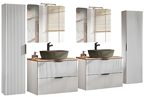 Lomadox Badezimmer Badmöbel Komplett Set matt weiß gerillt mit Eiche, 2 Waschtisch-Unterschränke mit 2 Keramik-Waschbecken, 2 Spiegel mit LED-Beleuchtung & 2 Hochschränke