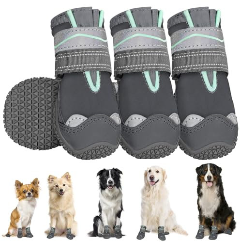 SlowTon Hundeschuhe Pfotenschutz, 4 Stück wasserdichte Hunde Schuhe Outdoor mit Rutschfester Sohle, reflektierendem Klettverschluss Hundestiefel für kleine mittlere große Hunde Winter(Grau, Size 1)