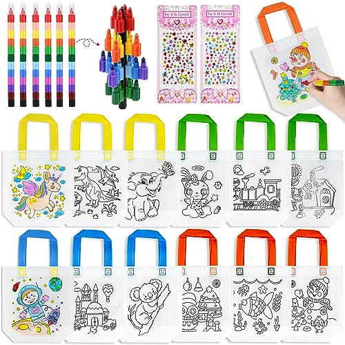 FORMIZON DIY Kinder Stoffbeutel Set, 12 Stück Doppelseitige Graffiti Taschen mit Aufkleber und 6 Buntstifte mit 12 Farben, Non-Woven Tasche Zum Bemalen für Kindergarten, Kindergeburtstagsfeier