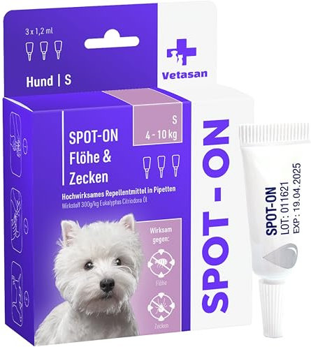 Vetasan Spot-ON für Hunde 4-10kg (S) | gegen Flöhe & Zecken | 3 Monate Schutz | HOCHWIRKSAM | Zeckenmittel für Hunde Zeckenschutz | Hundeflohmittel