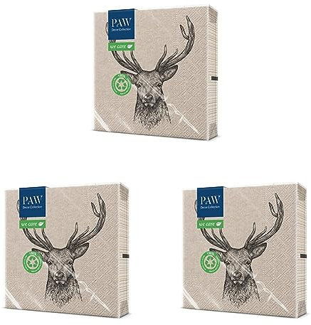 PAW Decor Collection x PAW Decor Collection cm 3-lagige Papierservietten. 20 Stück. Gedruckt mit wasserbasierten Farben. Tischdekoration. Natur, Hirsc, Paw_022022, Deer, 33 x 33 cm (Packung mit 3)