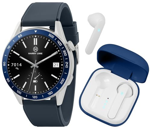 Harry Lime Series 27 Navy Silicone Strap Smart Watch With Blue True Wireless Earphone In Charging Case