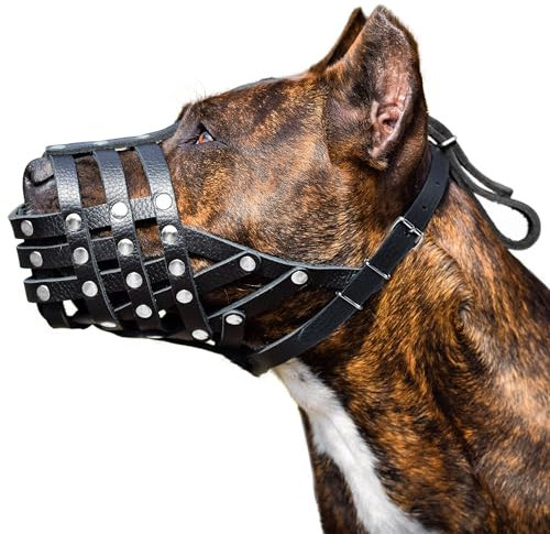 CleverTail Hunde Maulkorb aus weichem Leder für Pitbulls - Hunde Maulkorb für mittelgroße und große Hunde Pitbull - Atmungsaktiver Pitbull Maulkorb Anti Biss - Korbmaulkorb für Pitbull, Labrador,