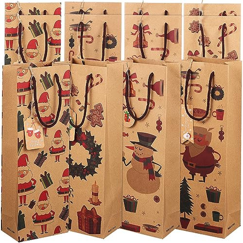 Theaque 1 lot de sacs cadeaux de Noël en papier kraft, bouteilles de vin, emballages cadeaux avec étiquettes