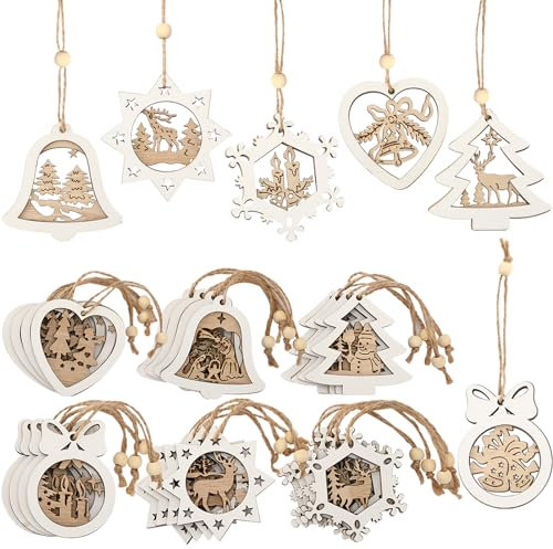 SEPGLITTER Christmas Tree Ornaments Set 24 Rustic Farmhouse Wooden Christmas Ornaments 3D Wood Christmas Tree Ornaments for Family Office Festive Decoration Gift Tags Winter Decoration