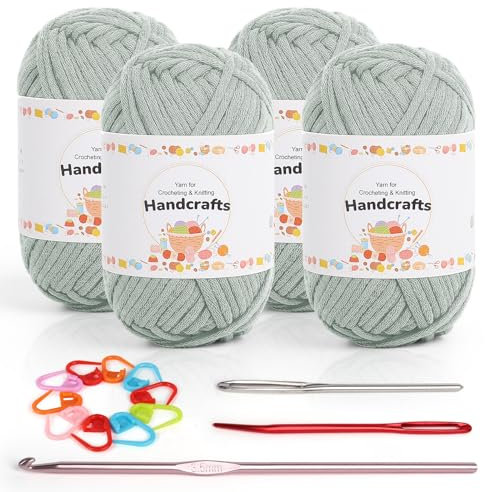 Coopay 4 Stück Einfach Garn, Häkelgarn für Anfänger, Gut Sichtbare Maschen Garn Zum Häkeln mit Häkelzubehör, Baumwoll-Nylon-Garn für Anfänger zum Häkeln und Stricken (4 X 50 g), Hellgrün