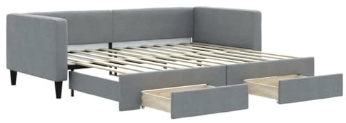 Hommdiy Tagesbett Ausziehbar mit Schubladen Bettsofa Sofa Bett Sofabett Schlafsofa Bettgestell Hellgrau 90x200 cm Stoff Matratze Nicht enthalten