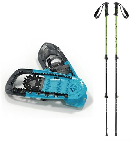 outdoorer SnowClimber Schneeschuhe mit Ratschenbindung und Steighilfe in Blau – 25 Zoll-Schneeschuhe mit Ferrino Aluminium-Trekkingstöcken (inklusive Winterteller)