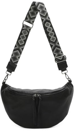Damen Tasche Crossbody Schultertasche Gürteltasche Brusttasche Hüfttasche Bauchtasche Umhängetasche Cross-Over Bodybag Handytasche Geldtasche Kosmetiktasche Leder Optik Schwarz M