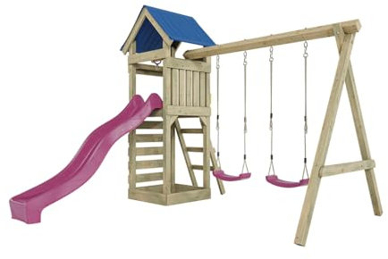 Outgarden Spielturm Klettergerüst Easy aus KDI-Holz | Spielhaus mit pinker Rutsche & Doppel-Schaukel | Sandkasten, Leiter & Kletterwand | Outdoor Stelzenhaus für Kinder und Garten | 327 x 327 x 258 cm