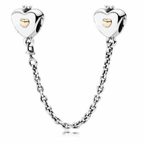 CWOne Designs Sterling Silver Safety Chain Charm, Ideal for Pandora Bracelets and Necklaces, Charm for Mum, Daughter, Wife, Sister, Niece, Birthday and Love Gift for Women (Heart & Crown)