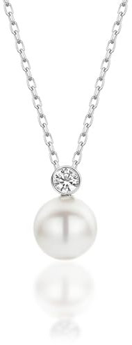 Love Me Santika Perlenkette Für Damen 925 mit Anhänger | Elegante Silber Halskette mit Zirkoniumsteinen | Damen Perlen Kette | Kette Schmuck Geschenk für Frauen, Freundin, A-040-1