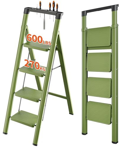 JOISCOPE Portable 4 Step Folding Reinforced Carbon Steel Ladder, Multi-functional Ladder Stool with Storage Shelf, with 22cm Step Spacing, Anti-slip Treads and Foot Pads, Suitable for All Space, Green