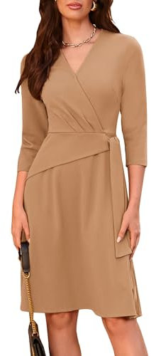 GRACE KARIN Damen Kleid mit Fließendem Plissiertem Saum Wickel-V-Ausschnitt Dreiviertelärmel Khaki XL