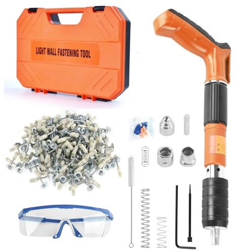 Pistola de clavos con 110 clavos redondos, herramienta manual de clavos de acero ajustable de 5 velocidades,kit de pistola de clavos de hormigón (Naranja)