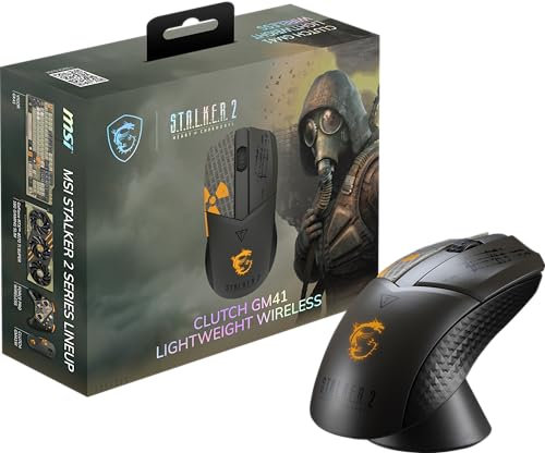 MSI Clutch GM41 Lightweight Wireless Stalker 2 Edition - Ratón Gaming 20000 dpi Optical Sensor, simétrico, 60M+ Click OMRON Switches, 80horas de batería, Base de Carga, 1ms, RGB, 74g, con o sin Cable