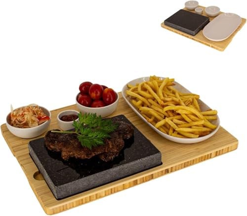 CAWI Planche à steak en pierre de lave, plateau de service, planche en bambou avec grill à pierres chaudes, plaque de cuisson à steak, plaque en pierre, barbecue de table
