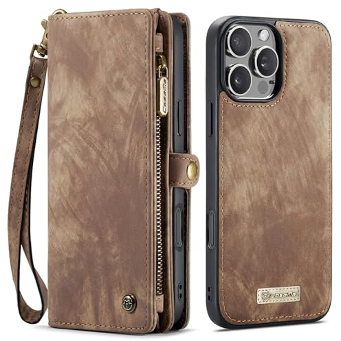 SWP Étui portefeuille compatible avec iPhone 16 ProMax, avec coque magnétique amovible [8 emplacements pour cartes] Pochette avec dragonnes et poche pour argent (marron, 16 ProMax)