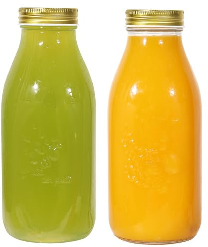 Glass Bottles with Lids, 2 Pack 1000ml Glass Milk Bottles with Metal Lids Vacuum Seal, Glass Storage Bottles Leak Proof Reusable for Preserving Milk Juice Homemade Beverage Hot Cold Drinks