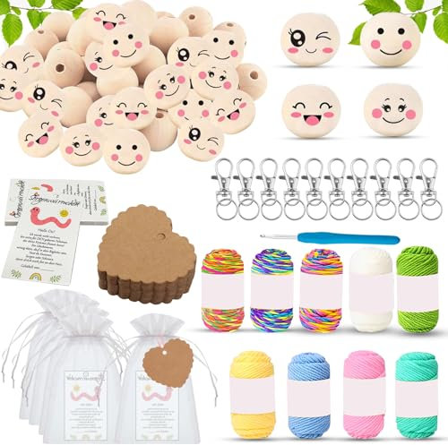 Holzperlen mit Gesicht, 40 Stück 20mm Holzkugeln mit Häkelset, Organzabeutel, Schlüsselring, Karten usw, Holzkugeln mit Gesicht,DIY Bastelarbeiten,Häkeln Zubehör für DIY Sorgenwürmchen Glückswürmchen